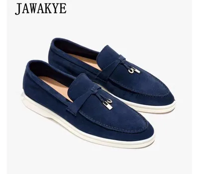 dark blue Лидер продаж; женские замшевые туфли на плоской подошве; удобная повседневная обувь из натуральной кожи; женские лоферы без застежки с металлическим украшением; женская обувь разных цветов - Цвет: dark blue