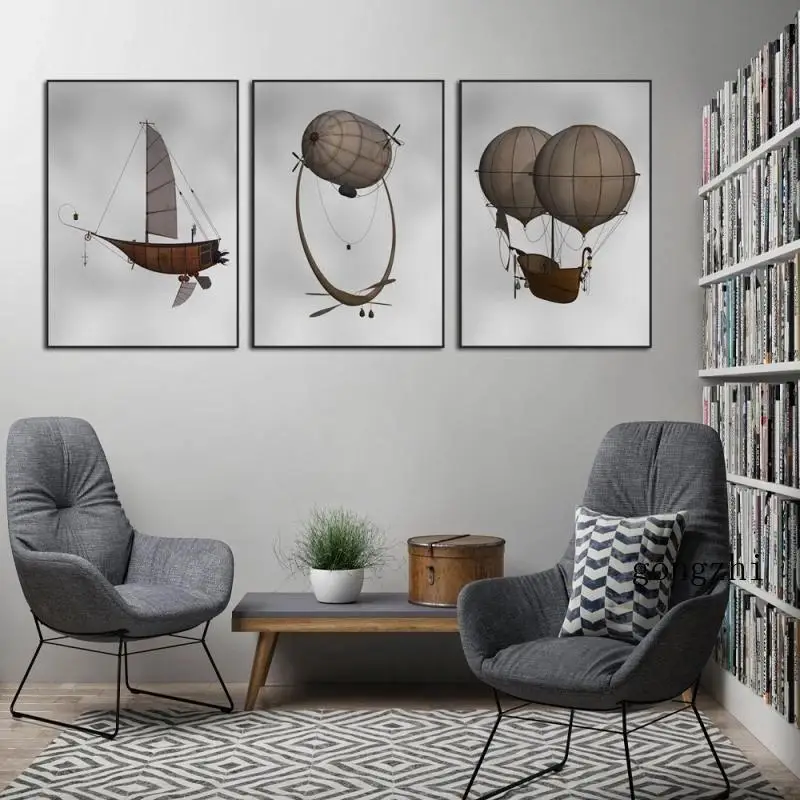 

Винтажный постер с воздушным шаром в стиле стимпанк, воздушный корабль, скандинавский постер, Картина на холсте и принты, современные насте...