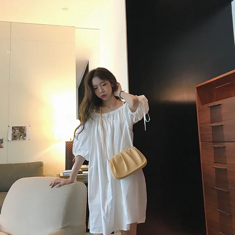 

Slash Neck Sexy Summer Mini Dress Short Sleeve Female High Waist White Loose A Line Women Dress Puff Sleeve Sling Dresses 2021