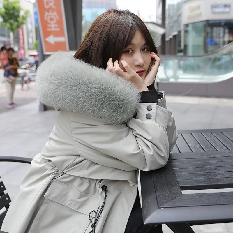 Женская длинная парка с капюшоном зимняя куртка подкладкой из кроличьего меха и