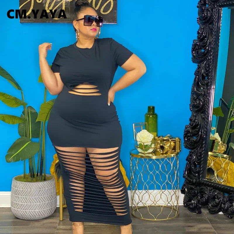 

Женское платье-карандаш с коротким рукавом CM.YAYA, однотонное длинное платье-карандаш с отверстиями, большие размеры, сексуальная летняя одеж...