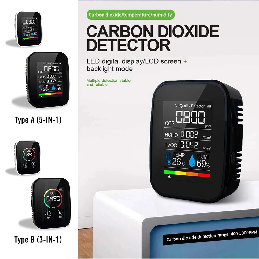 

3/5 In 1 Multifunctional CO2 Meter Digital Temperature and Relative Humidity Meter Air Quality Monitor Carbon Dioxide Detector