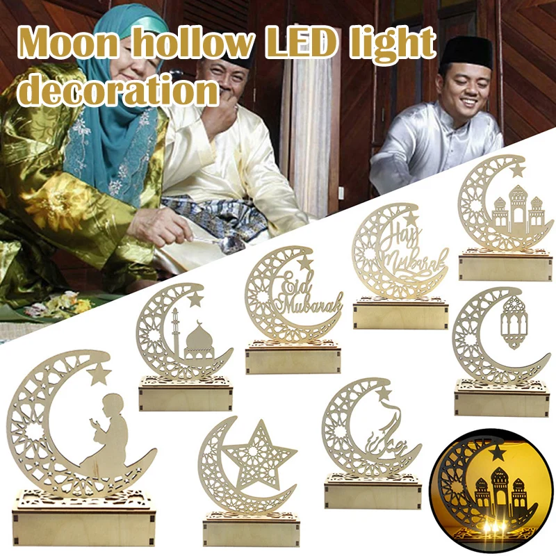 

Wooden Moon Hollow Letters LED Light for Islamic Eid Mubarak Ramadan Karul Festival LED Lamp Decoration Crafts LED Gifts DNJ998