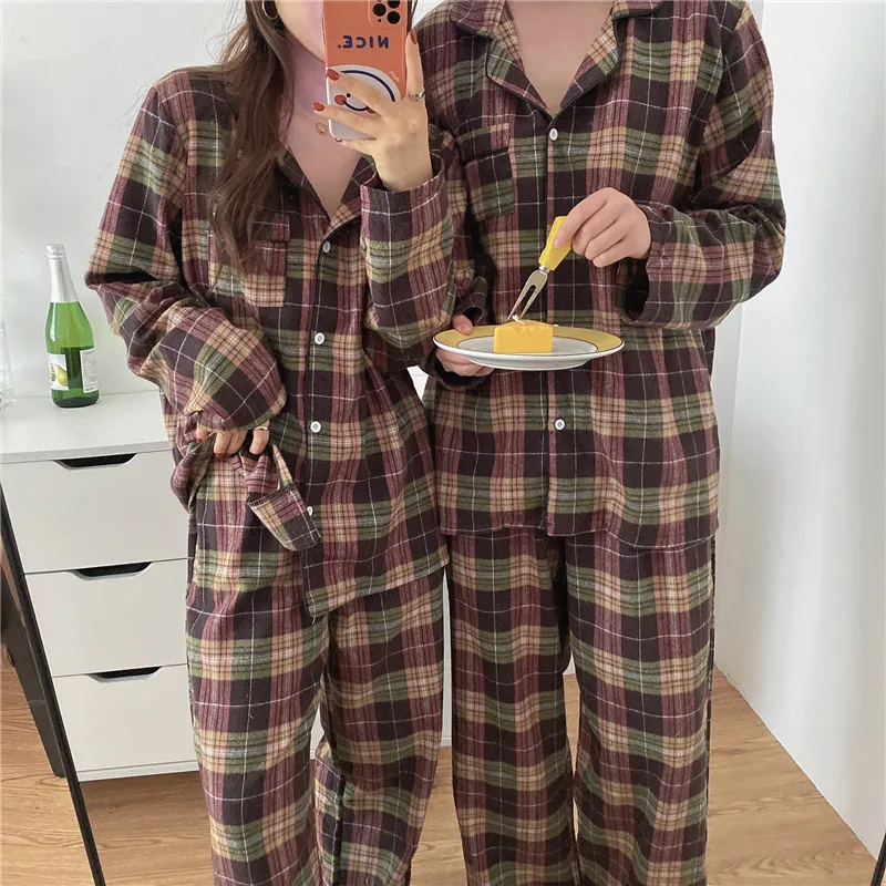 

couple pajamas set thicken warm sanding winter home clothes 2 piece set women men plaid home suit sleepwear homewear autumn