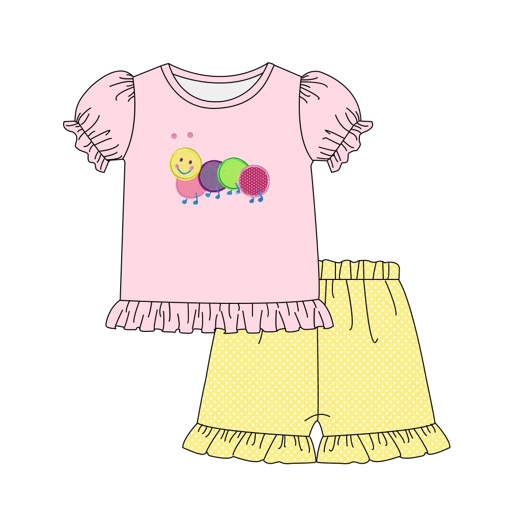 

Summer Girls Clothes Pink Short Sleeve Top And Yellow Shorts Colorful Caterpillar Embroidery Pattern Toddler Girl Outfits