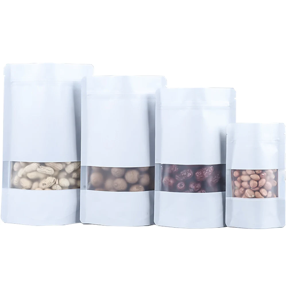 

1000Pcs/Lot Tear Notch Zip Lock Stand Up Packaging Pouches White Aluminum Foil Bag with Matte Clear Window for Gift Food Snack