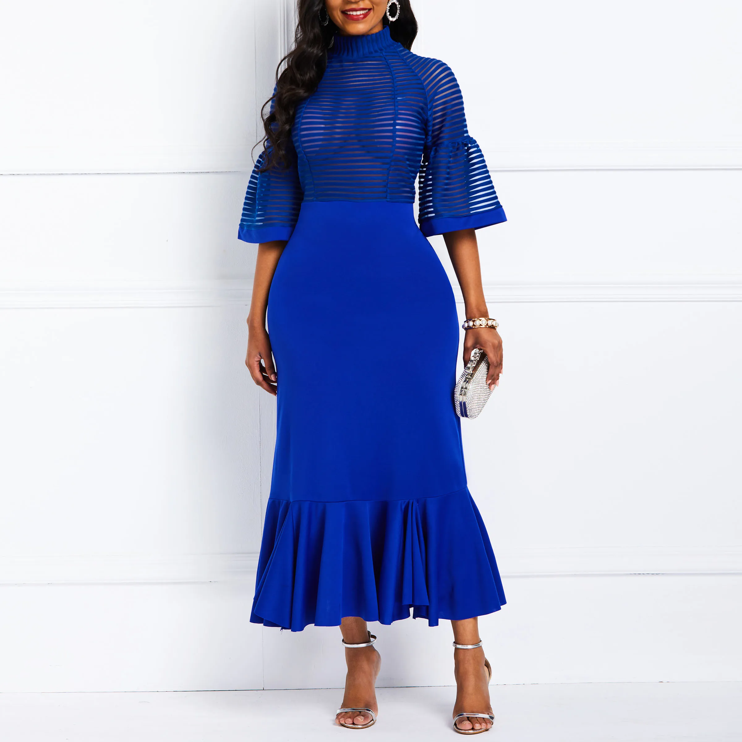 Африканская мода до середины икры пэчворк половинный рукав пуловер Русалка