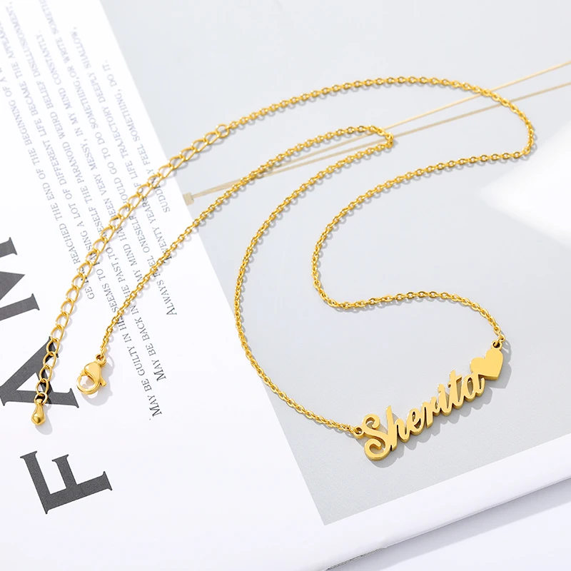 Custom Name Necklace With Heart Gold Color Chain Stainless Steel Handmade Customized Personalized Gift For Her | Украшения и