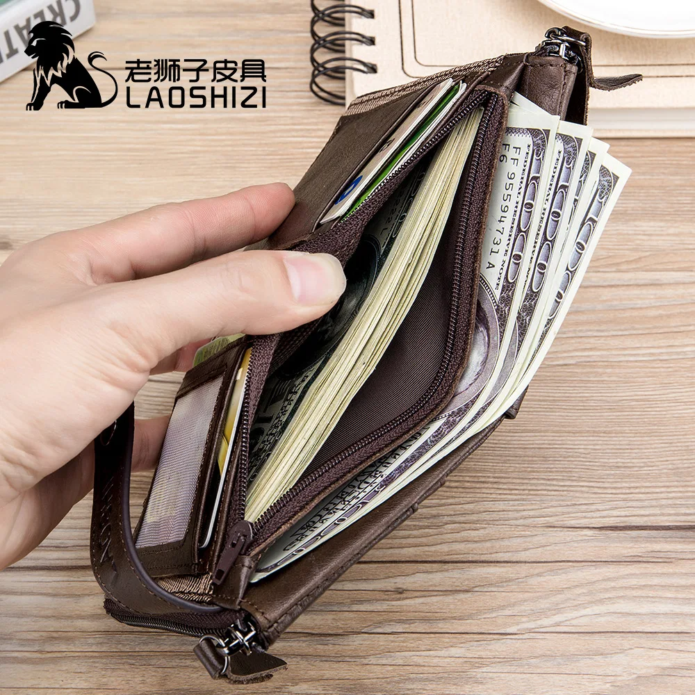LAOSHIZI мужской кошелек брендовый с двойной молнией и застежкой из натуральной кожи