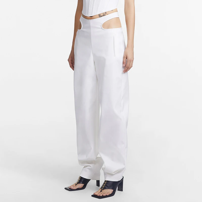 VGH Hollow Out Wide Leg Pants For Women High Waist Straight Casual Loose Trousers Female Fashion New Clothing Spring Stylish