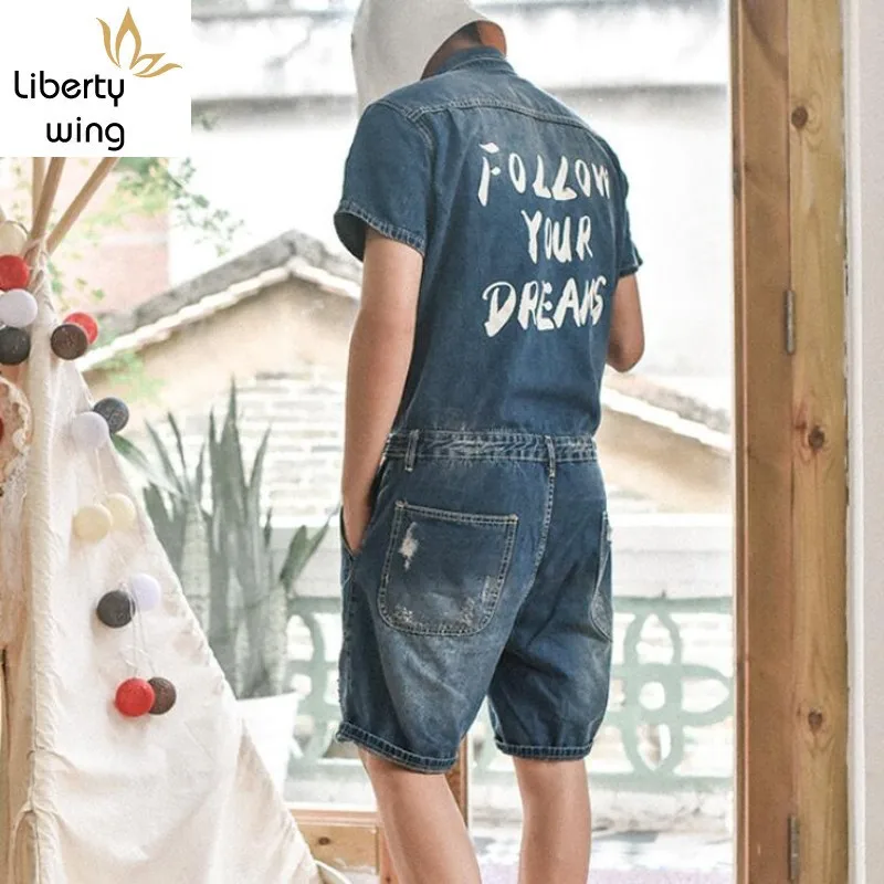 Summer Short Sleeved One Piece Men Jeans Jumpsuits Single Breasted Denim Overalls Boys Knee Length Shorts Ripped Washed Trousers