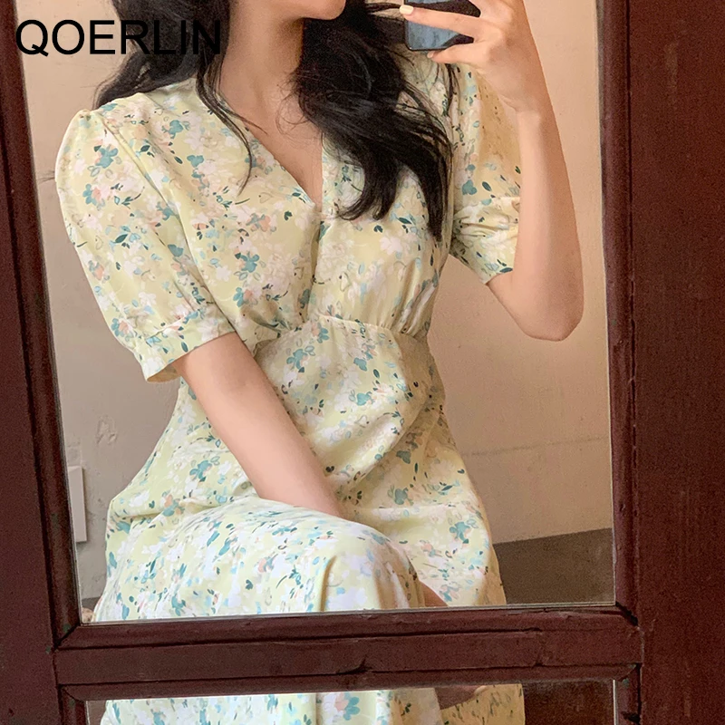 Женское шифоновое платье QOERLIN Розовое свободное средней длины с цветочным