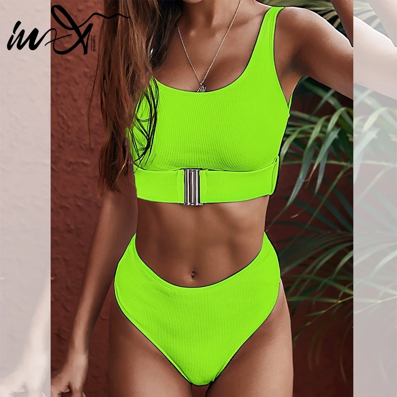 In X неоновое бикини с высокой талией 2019 сексуальный купальник поясом женский