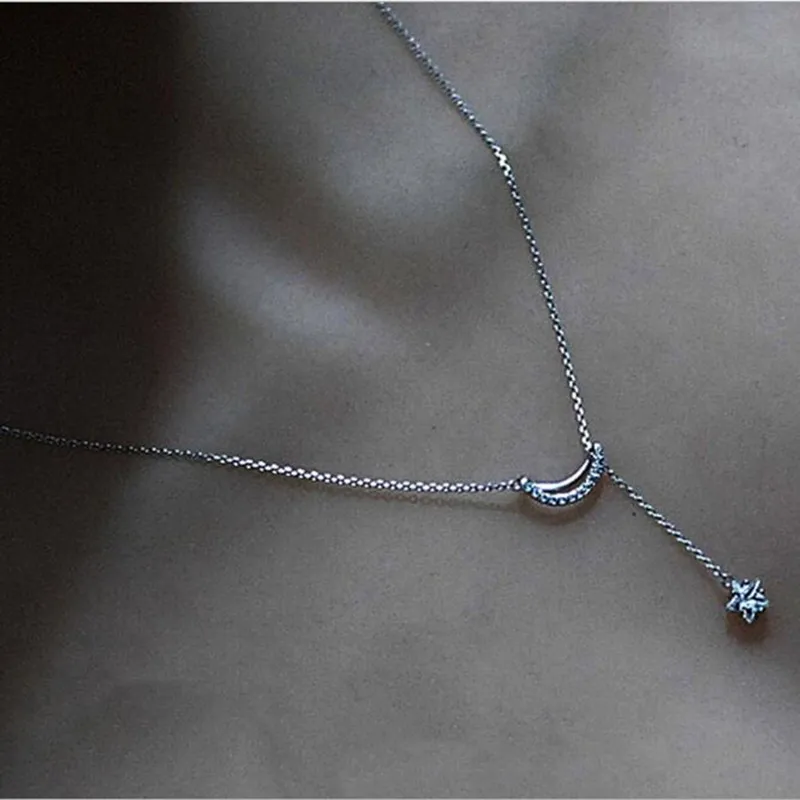 

Popular Decoration Simple Creative 925 Sterling Silver Jewelry Allergic Fashion Star Moon Female Pendant Necklaces N144