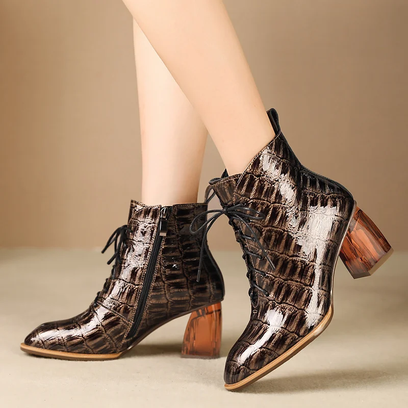 New High Quality Women Ankle Boots Hand-made Genuine Leather 7cm heels Woman Toe lace up Shoes Female Footwear | Обувь