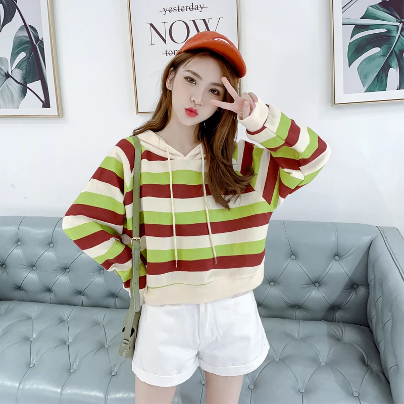 

New Elegant Fashion Women Spring Autumn Color Striped Hooded Sweatshirt Girl Korean Style Loose Long Sleeve Hoodies