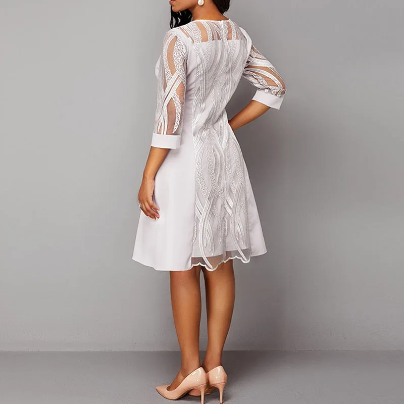 

Women's Solid Color Round Neck Long Sleeve Mesh Embroidered Hook Flower Hollow Dress Fashion Summer Leisure Long Sleeve Dress