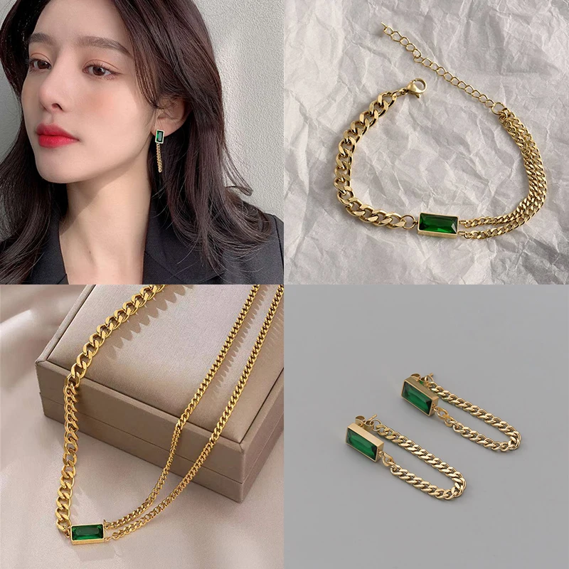 

Green Crystal Stainless Steel Chain Geometric Woman 2021 New Tassel Earrings