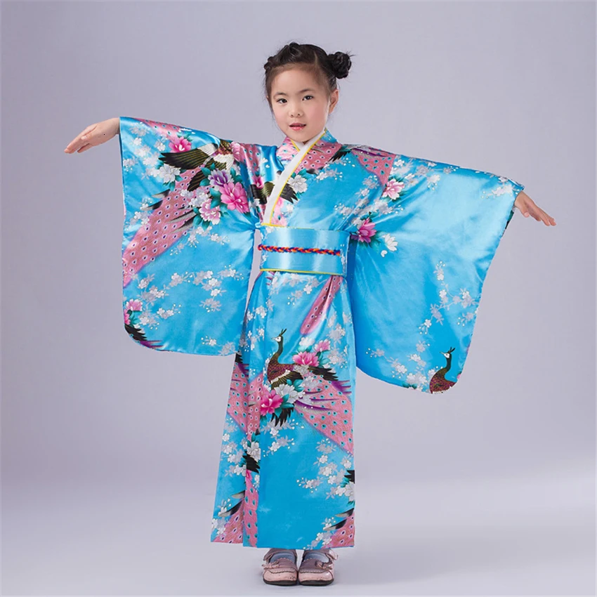 

110-150cm Baby Girls Japanese Kimono Dress Peacock Pattern Embroidery with Obi Kids Girls Bathing Robe Loose Yukata Outwear