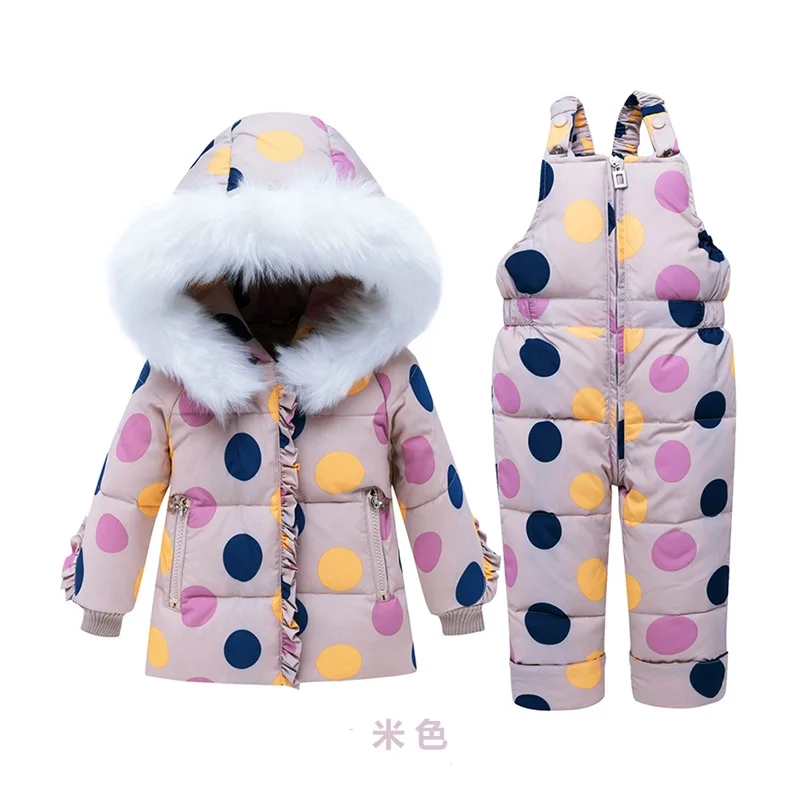 Fashion Winter Baby Girls Clothing Set Warm Children Duck Down Jackets Dot girl Snowsuit Ski suit Kids Outerwear Coat+Pants | Мать и