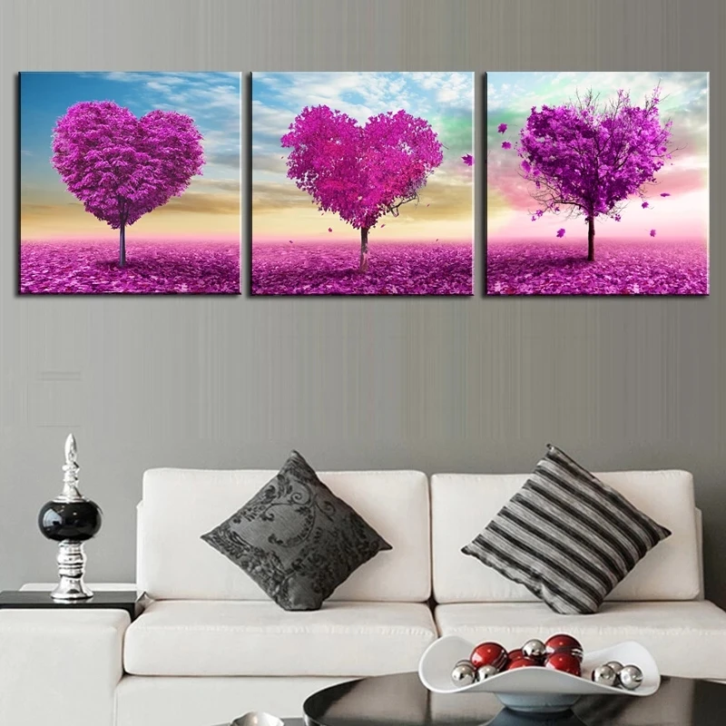 

Canvas Pictures Wall Art Frame 3 Pieces Loving Trees Paintings Living Room HD Prints Purple Heart Tree Poster Modular Home Decor