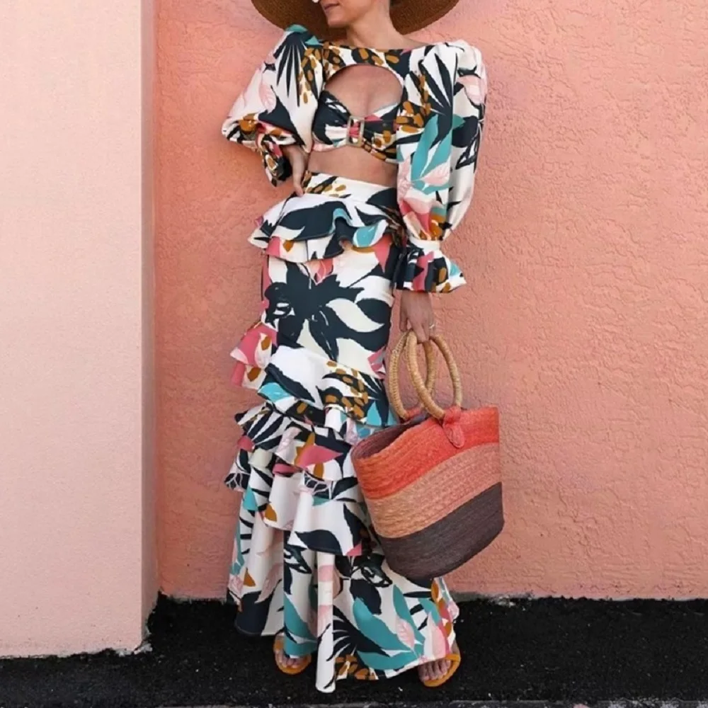 

Summer cotton 3D printing bra sexy ladies tops shirt + pleated fishtail skirt suit 2021New ladies fashion ruffle two-piece suit