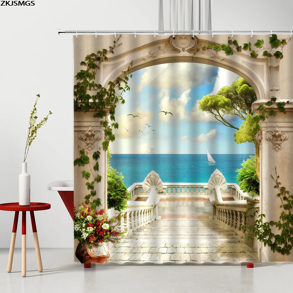 Занавески для душа с видом на море набор зеленых растений и цветов настенные