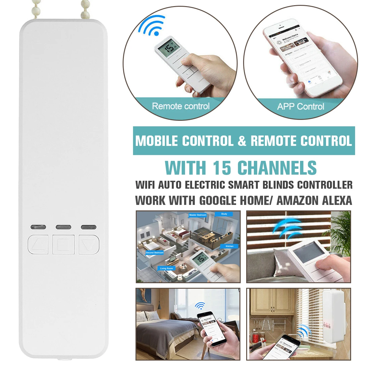 

Smart Home Motorized Chain Roller Blinds Automation Kit Control with Remote and MOBILE Control Via Alexa/Google/Wifi