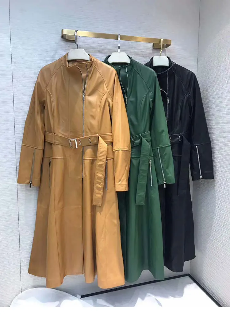 Длинный кожаный плащ Тренч молния для высокого воротника спереди с длинными