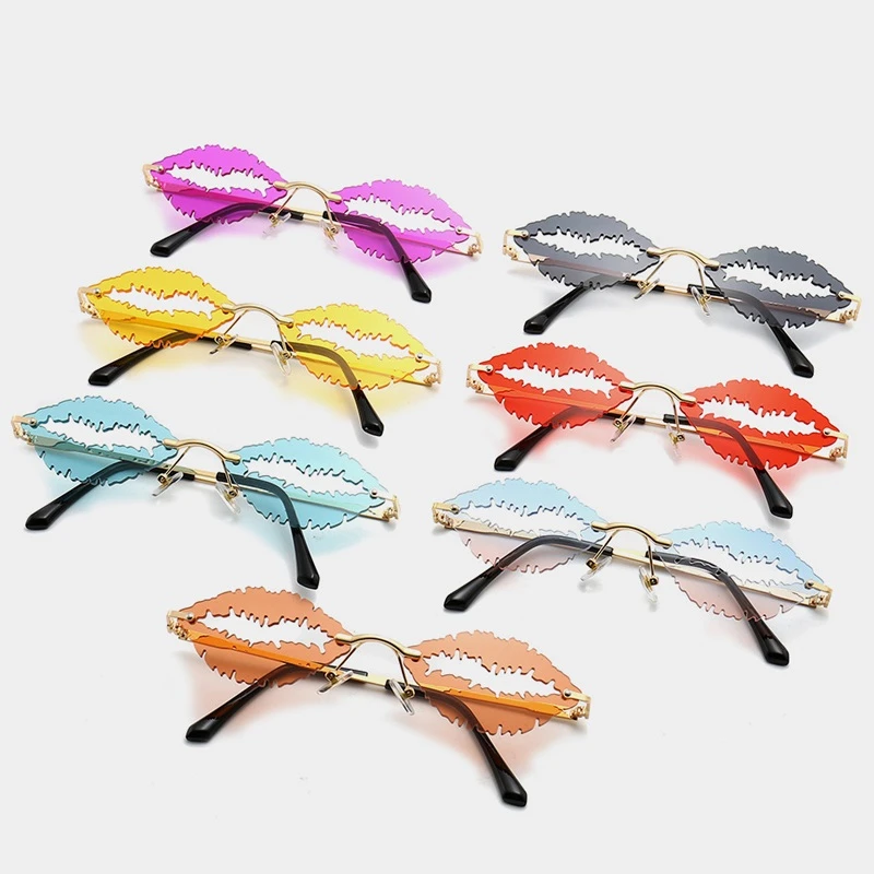 

QPeClou 2020 New Fashion Sexy Red Lips Sunglasses Women Metal Rimless Funny Colorful Party Sun Glasses Female Show Live Shades