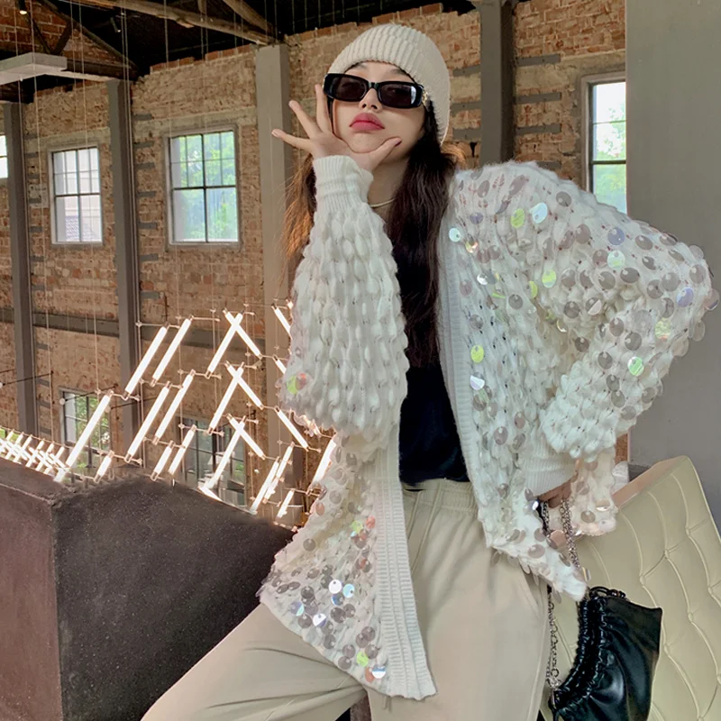 

Женский трикотажный кардиган с блестками, элегантный вязаный шерстяной свитер большого размера, Осень-зима