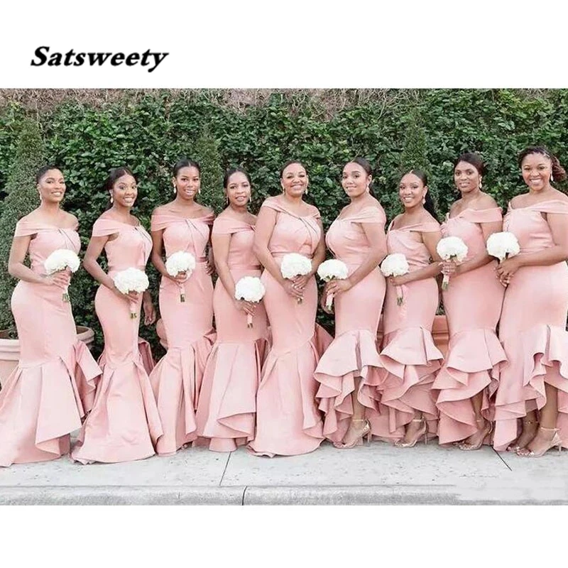 

Off Shoulder Blush Pink Satin Mermaid Bridesmaid Dresses 2021 Custom Made Wedding Guest Gowns Long Bridesmaids Dresses