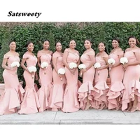 off shoulder blush pink satin mermaid bridesmaid dresses 2022 custom made wedding guest gowns long bridesmaids dresses