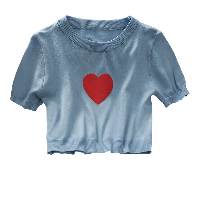 

Sweet Style Heart-Shaped Printed round Neck Short Sleeve Knitted T-shirt for Women 2021 New Short Navel Solid Color Top Summer