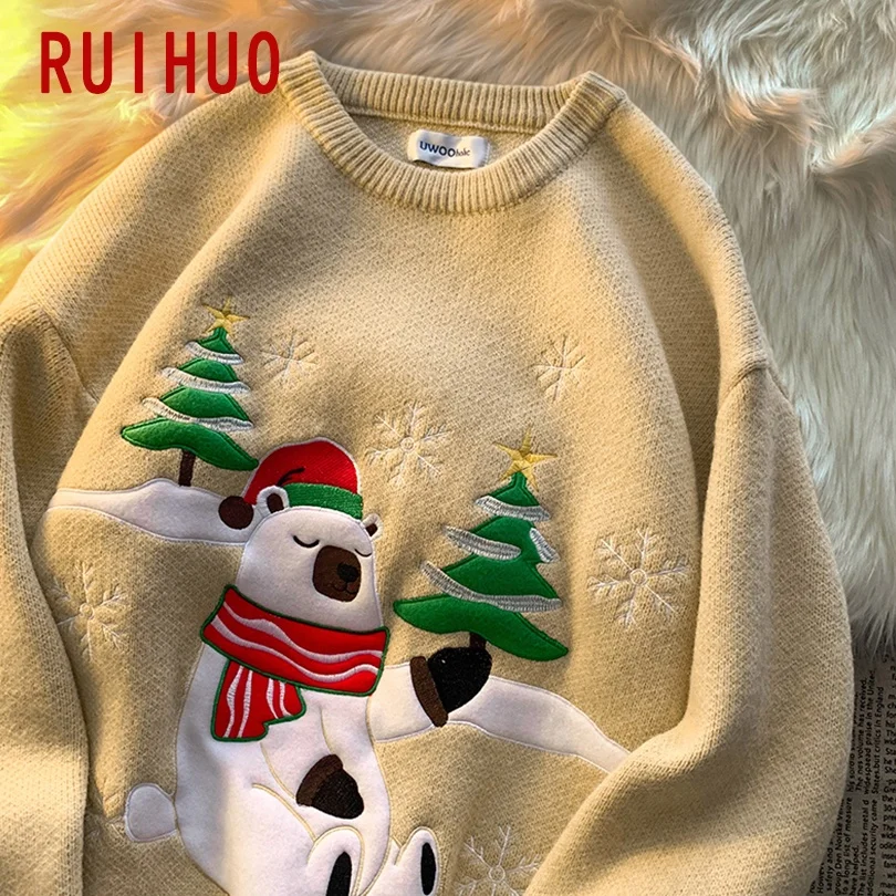

RUIHUO Bear Knitted Sweater Men Harajuku Pullover Men Sweater Fashion Hip Hop Sweaters Winter Clothes Men 2XL 2021 Spring