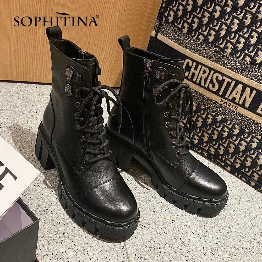 Jual Sepatu Wanita Kasual Baru SOPHITINA Sepatu Bot Pergelangan Kaki Berenda Kulit Asli Kualitas Tinggi Ujung Bundar Antiselip Sepatu Bot Musim Dingin Hangat MO654