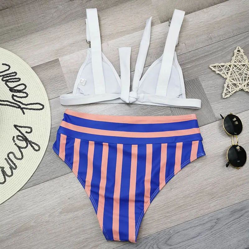 

2021 Women Swimsuit With Padded Buckle Bandeau Bikini Set High Waist Striped Women's Swimwear Swimming Suit Biquini Female XL