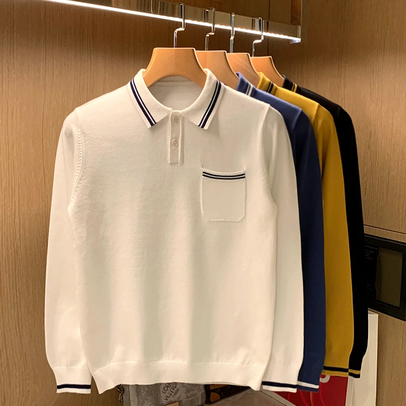 

2022 Spring Autumn New Men's Solid Color Lapel Sweater Fashion Business Long Sleeve Knitted Sweater Male Casual Clothes I136