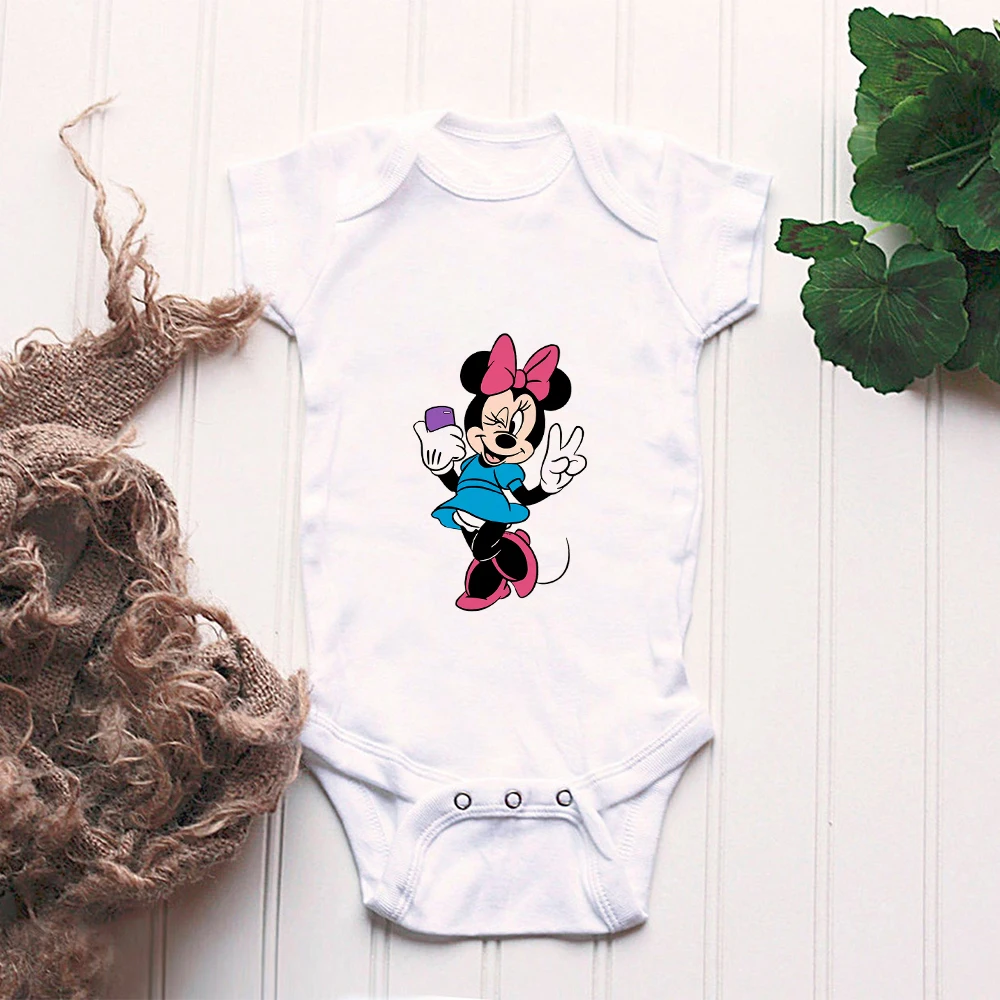 

Disney Mickey Baby Jumpsuit Fashion Aesthetics Summer White Short Sleeve Ulzzang Girl Round Neck Funny 2021 Super Soft Bodysuit