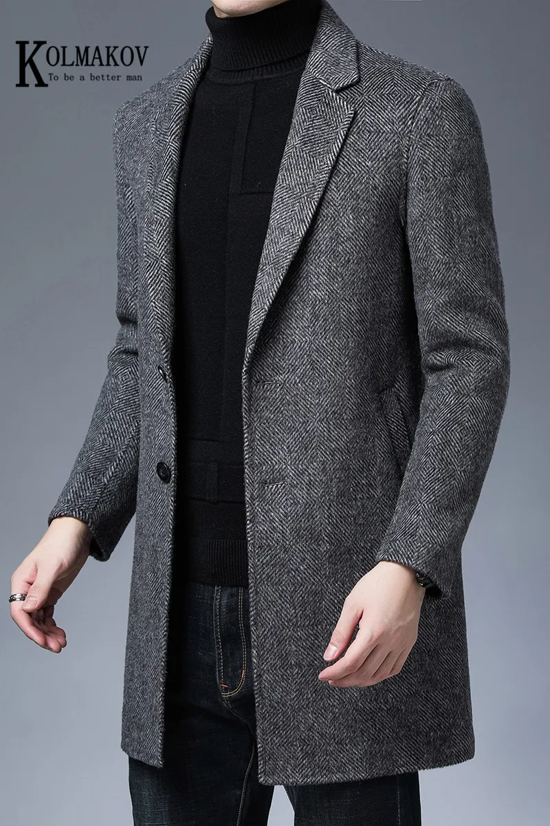 

KOLMAKOV Men's Woollen Coats Slim Jacket, Medium Length, Double Sided Ni Wool Coat, Windbreaker Solid Lapel Male Overcoat