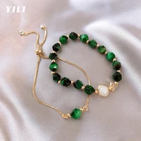 fashion natural green tiger eye stone bracelet double layer chain crystal beaded bracelet for women adjustable luxury jewelry