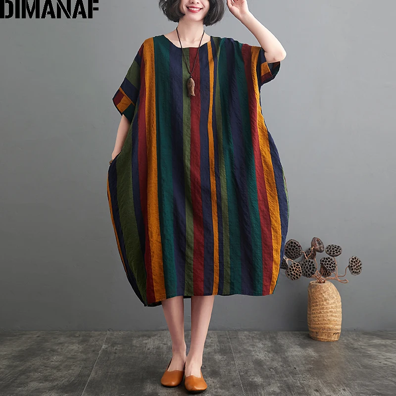 

DIMANAF Oversize Summer Dress Women Vestidos Sundress Vintage Striped Print Long Dress Oversize Cotton Loose Casual Clothing