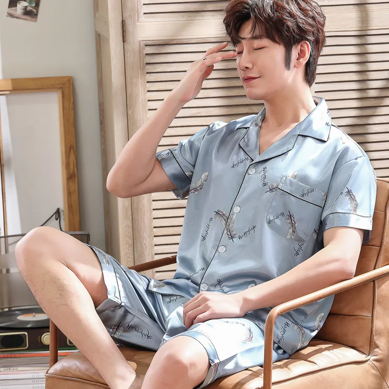 

Thoshine marca primavera outono homens cetim de seda pijamas conjuntos de camiseta & shorts masculina pijamas encerramento