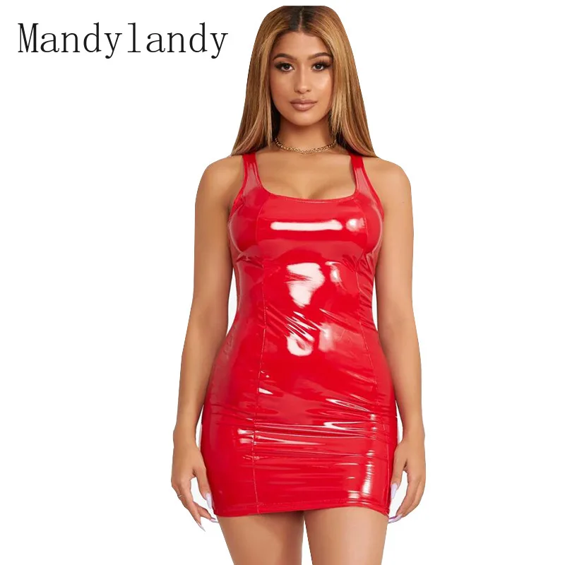 

Mandylandy Women's Casual O-Neck Slim Dress Summer Sexy Backless PU Solid Color Sleeveless Mini Dress