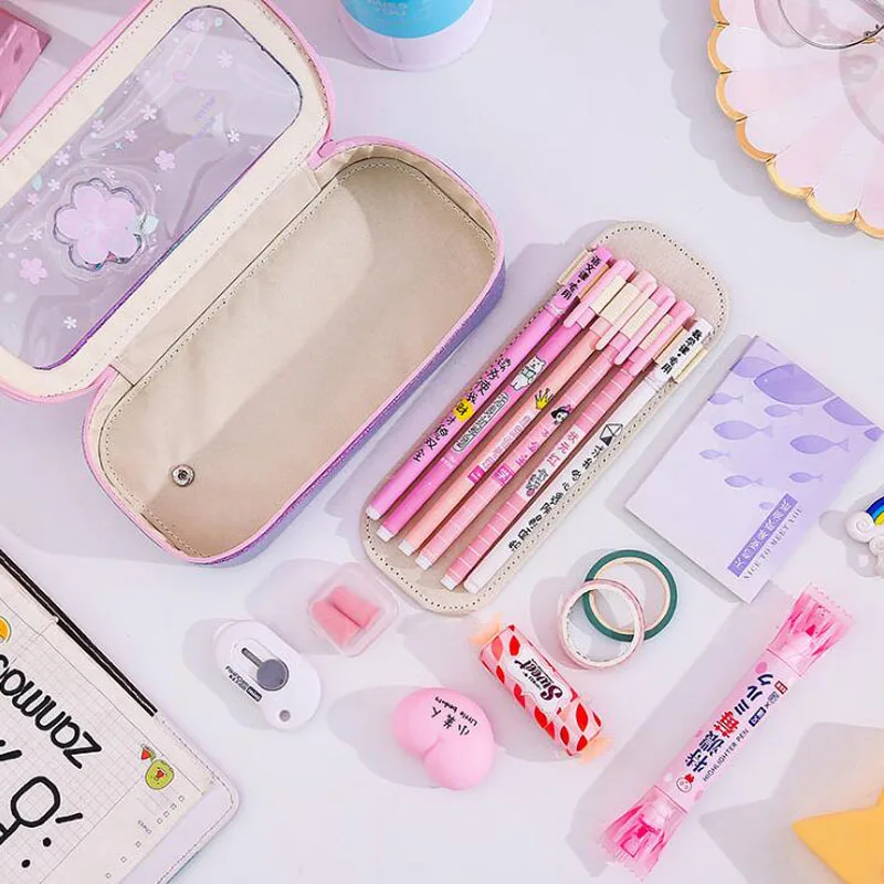 Кавайный чехол для карандаша и сверкающим узором сыпучего песка масла ПВХ пенал