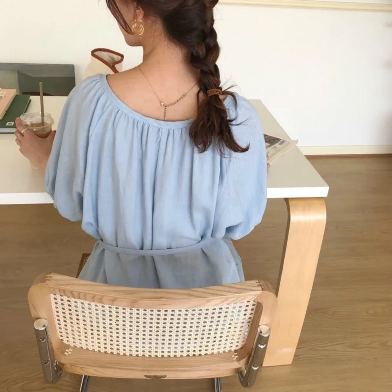 

Green Women Summer Long Straight Line Dress V Neck Maix Vestidos with Belt Vintage Loose Plus Size Robe Femme Sukienki Sundress