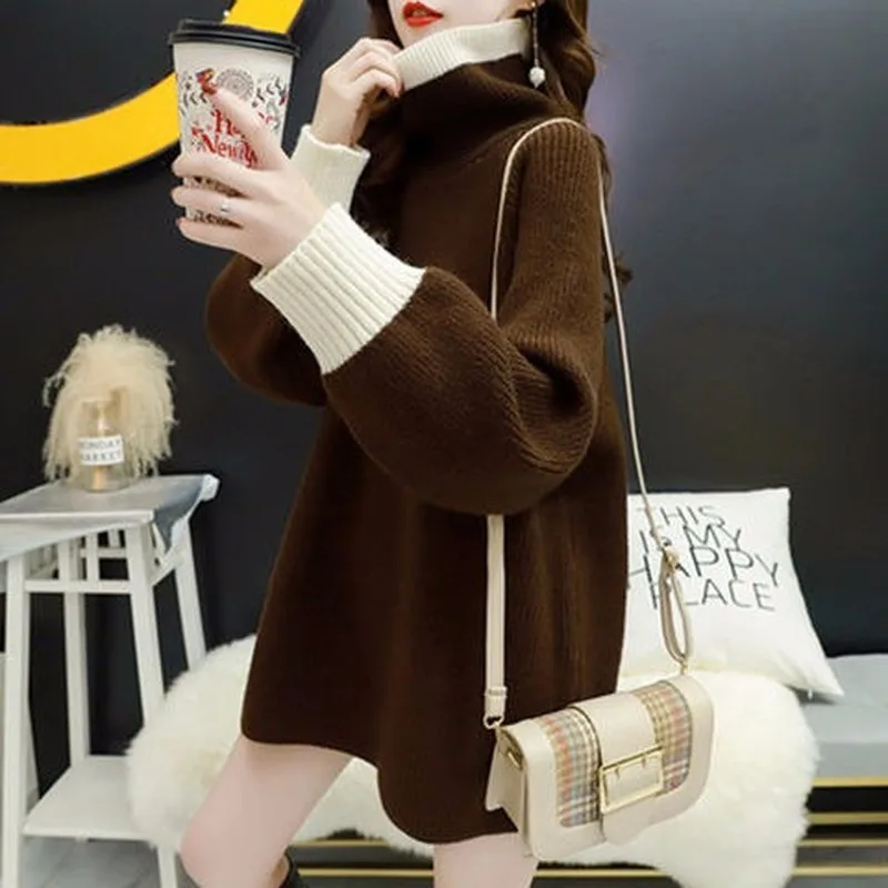 

2021 Autumn And Winter New Style Pile Collar Sweater Women High Collar Loose Loose Lazy Wind Korean Coat