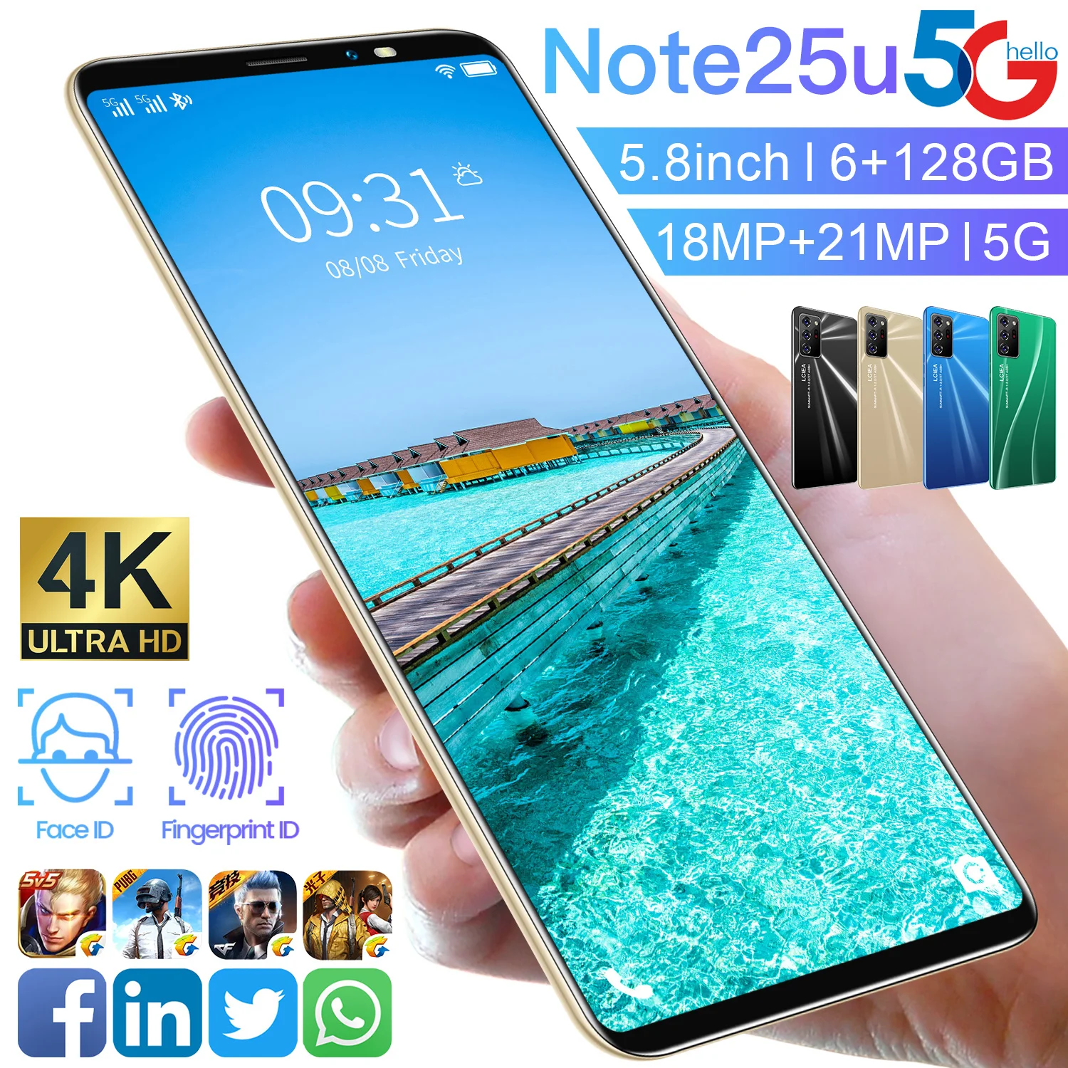 Новое поступление 2021 Galxy Note25U 4 Гб 64 Dual SIM смартфон MTK6895 Face ID 5 8 Inch ядро 18 + 21 Мп
