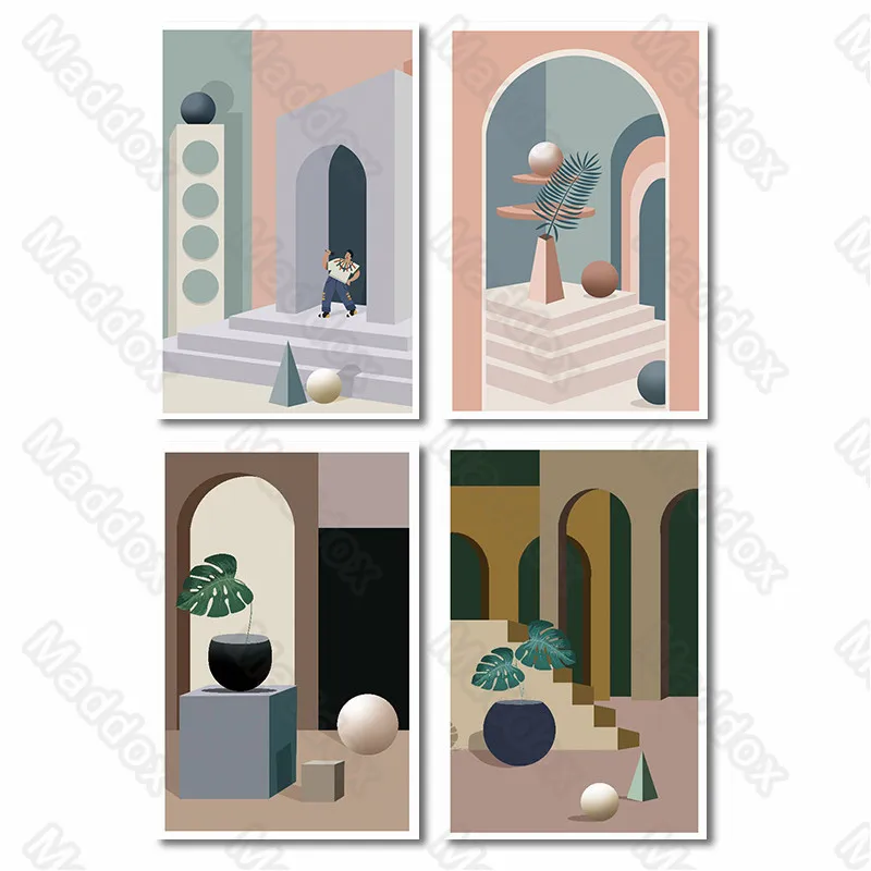 

Canvas Printed Painting Minimalist Style Arched Door Three-Dimensional Geometric Graphic Triangle Spherical Cube Poster