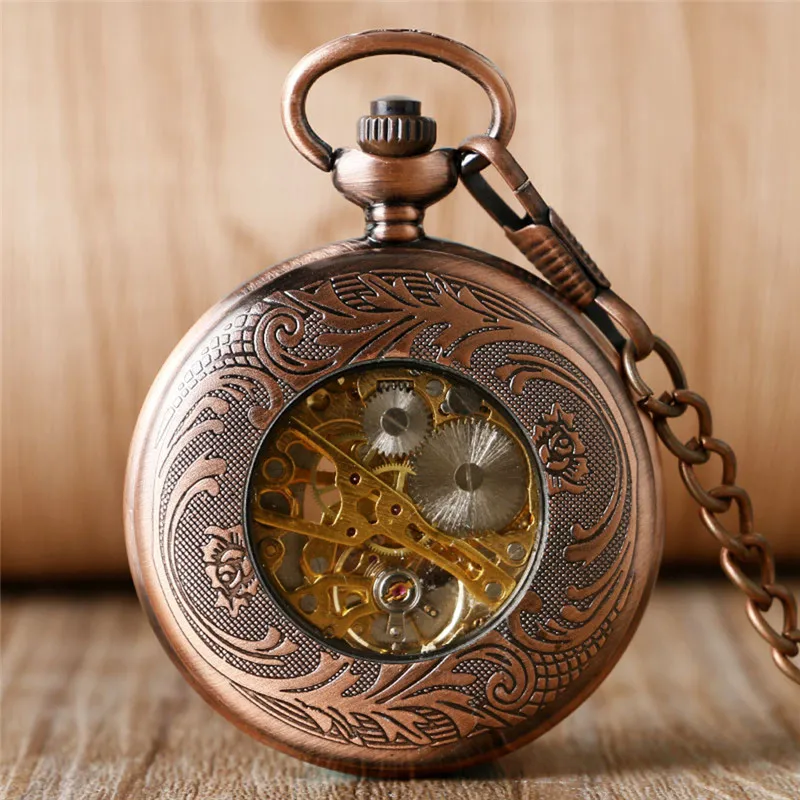 Vintage Rose Gold Pocket Watch Skeleton Handwinding Mechanical Clock Carving Flower Design Pendant Chain Roman Number Dial Gift